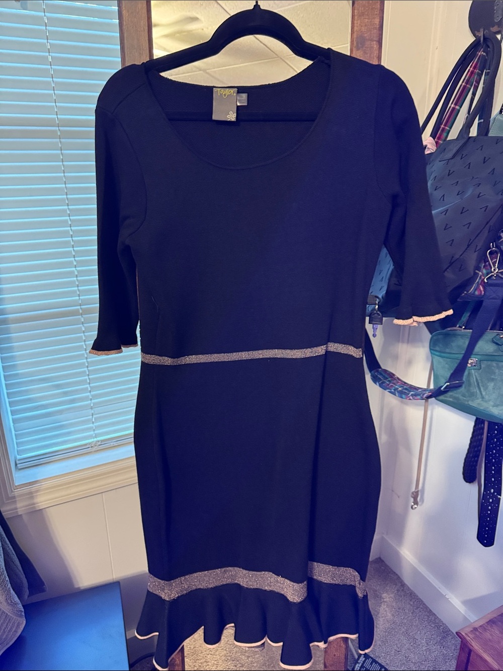 Women’s Taylor Black Knit Sweater Dress with Metallic Trim Sz M